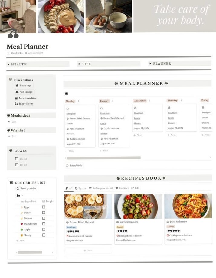 📌 🖇️ only tool for life admin: Meal Planner — Notion Dashboard for That Girl Student Planner