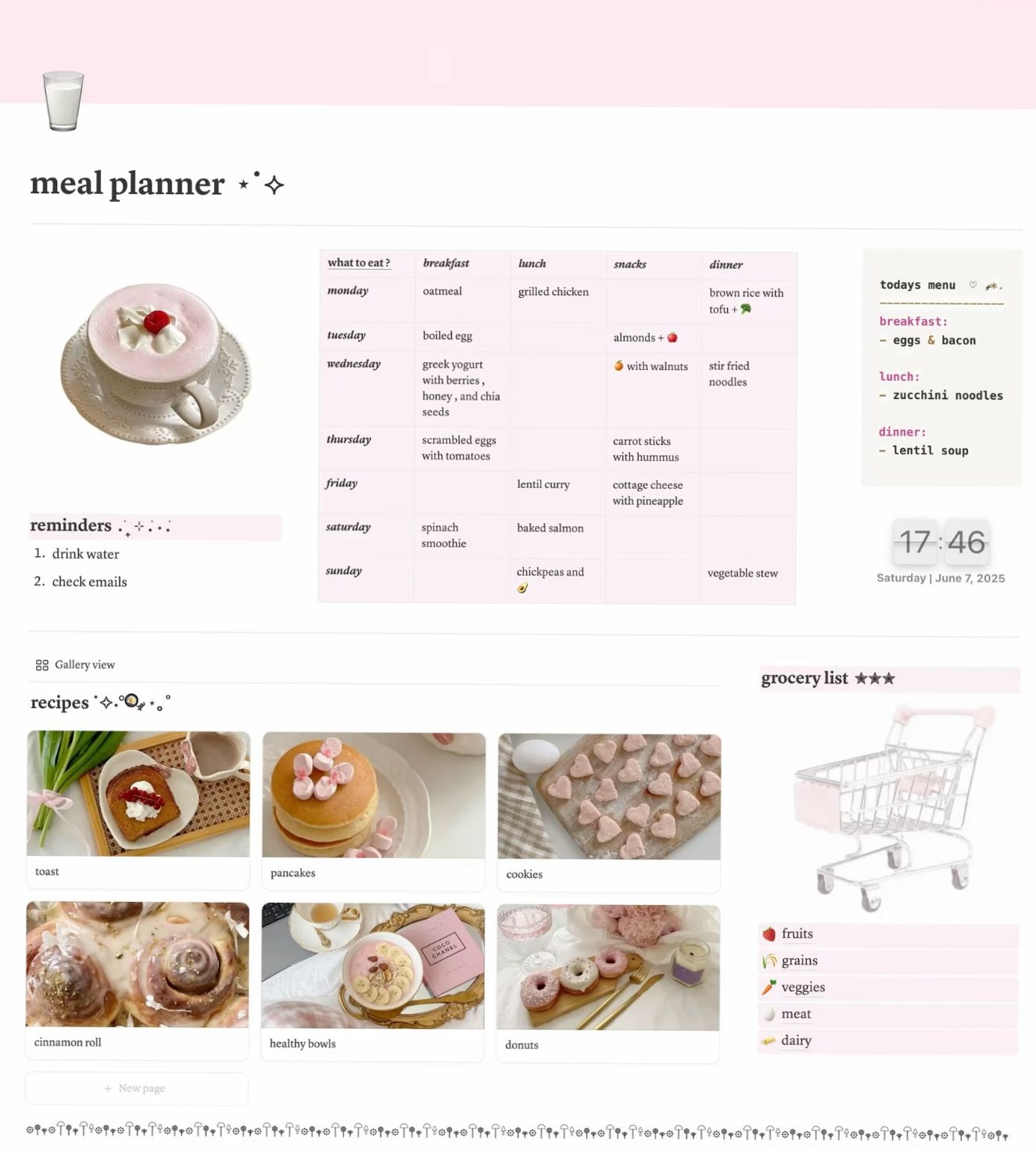 🥂 💍 only tool for life admin: Pink Meal Planner Notion Template