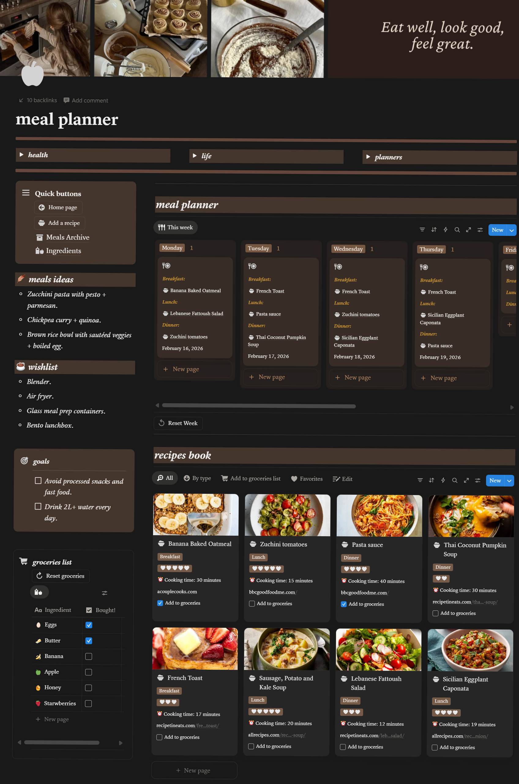 💎 📍 only tool for life admin: Dark Academia Meal Planner | Notion Weekly Organizer