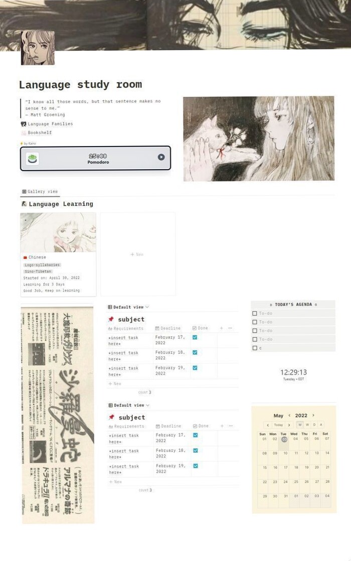 💍 🌸 only tool for life admin: Language Learning Notion Page for Digital Design & Creatives