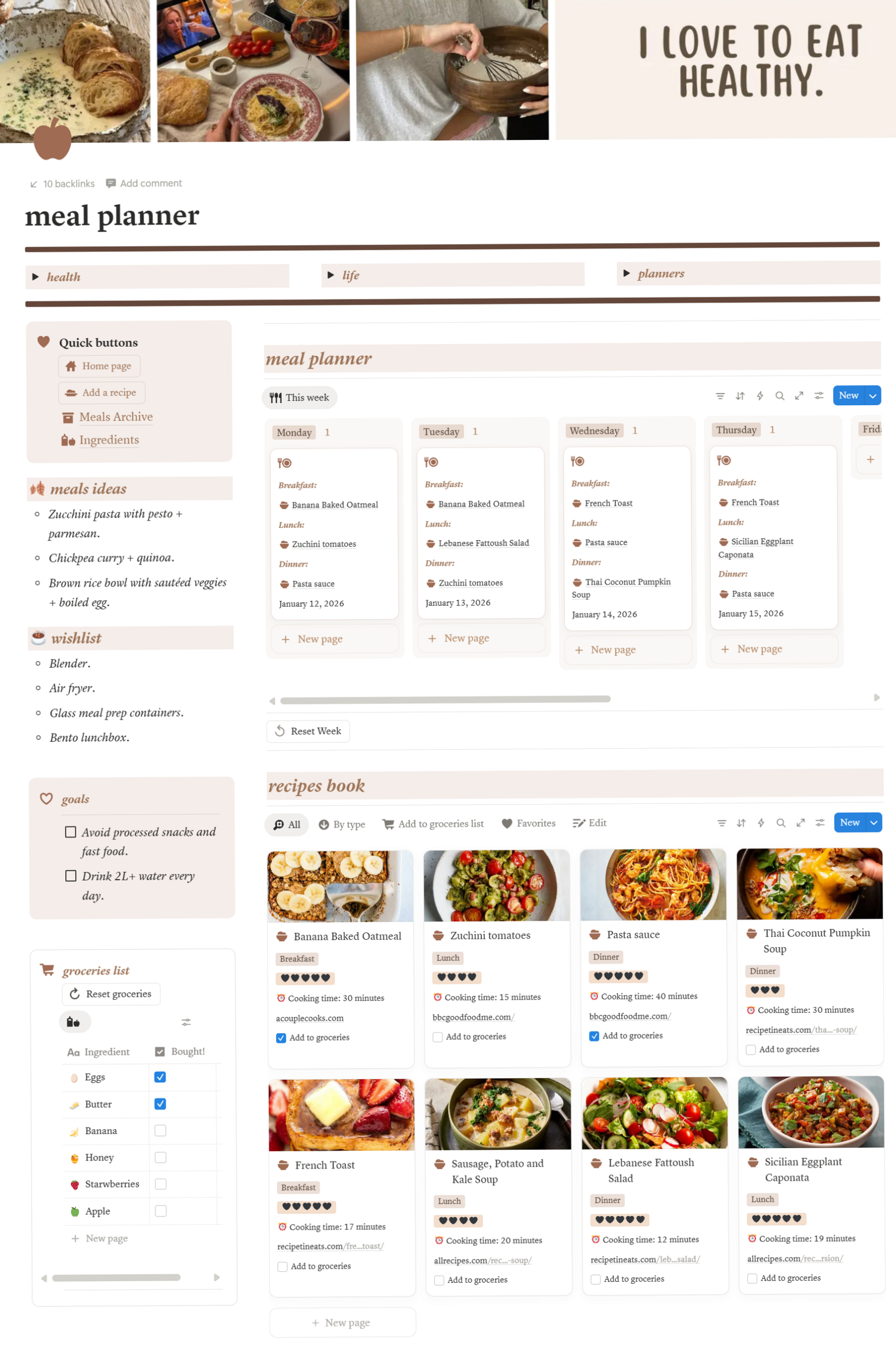 🖇️ 📌 only tool for life admin: Aesthetic Meal Planner 2026 | Notion Template with Recipes & Grocery List