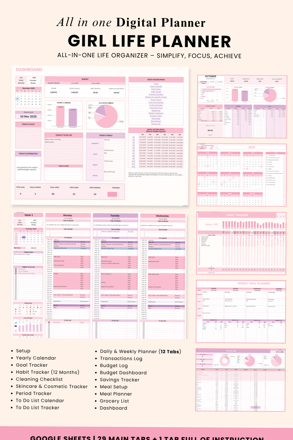 🌸 👰 Pink Digital Planner Aesthetic for Google Sheets | dream life manifestation