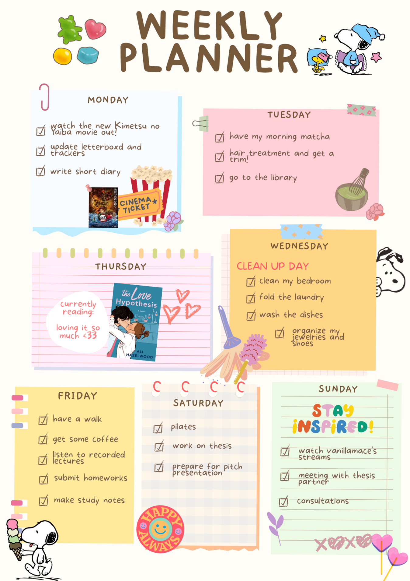 🍰 👰 romanticize your routine: Cute Weekly Planner Insert — Snoopy To-Do Memo Sheets