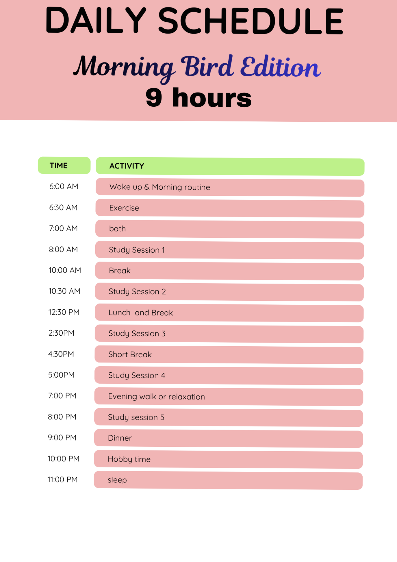 🌿 🌿 romanticize your routine: Daily Schedule – Morning Bird Edition (9-Hour Study Planner)