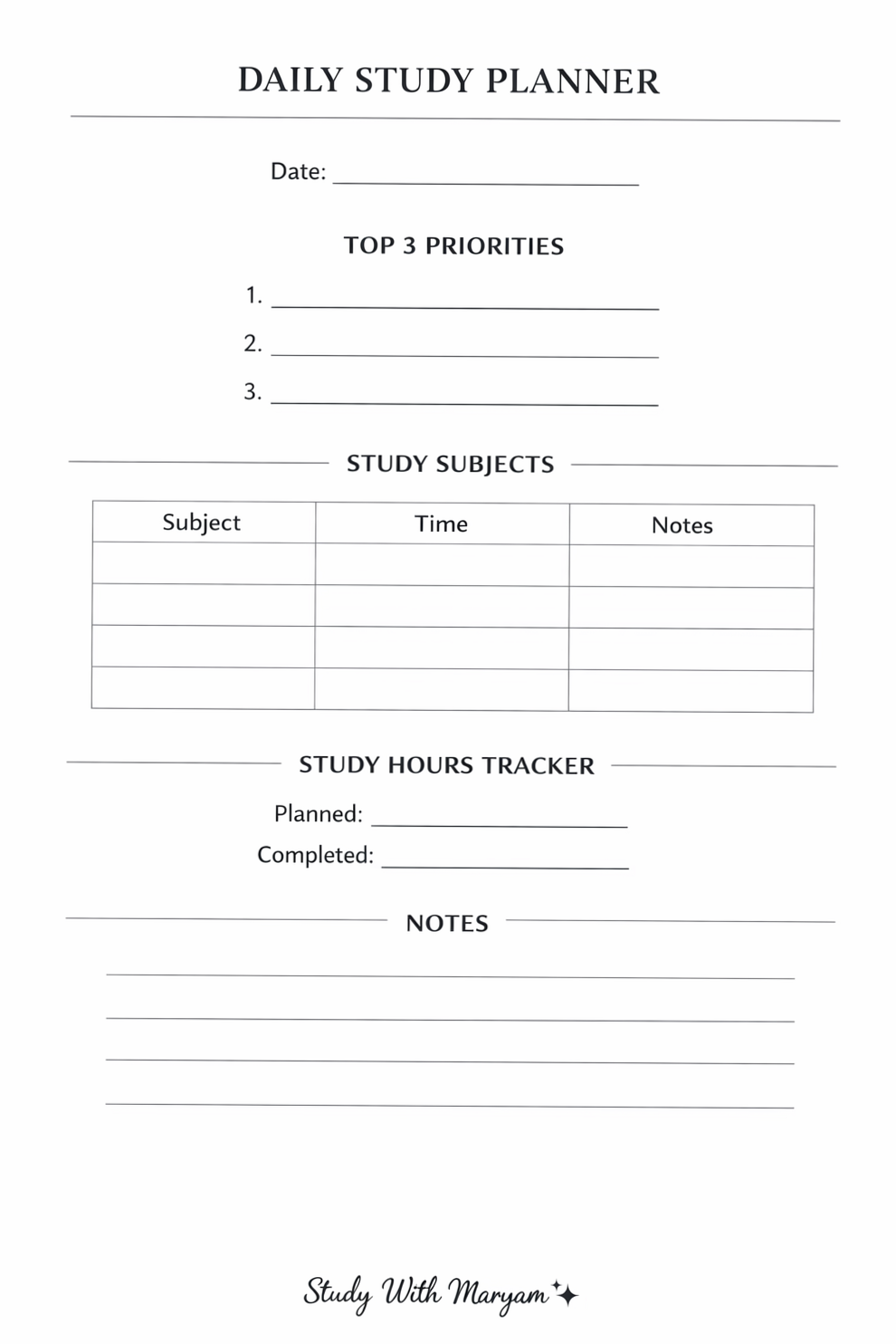 💍 👰 romanticize your routine: Minimal Daily Study Planner Printable | Aesthetic Student Planner