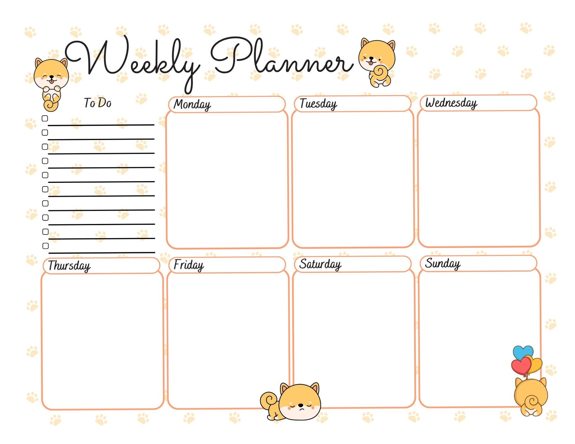 🌈 🖌️ romanticize your routine: Shiba Inu Weekly Planner — Kawaii Printable To-Do List