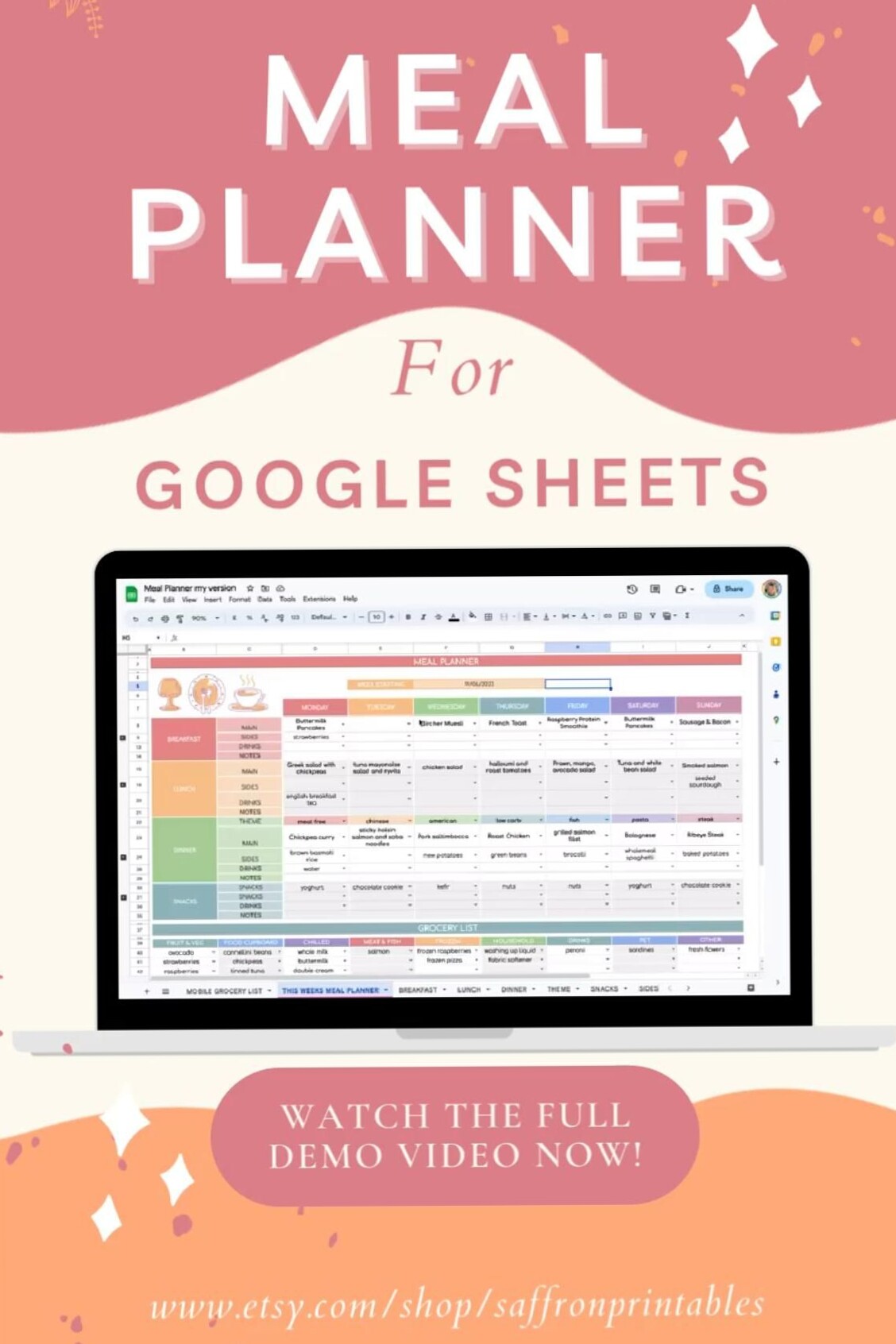 🎀 ☁️ romanticize your routine: Weekly Meal Planner & Grocery List for Google Sheets