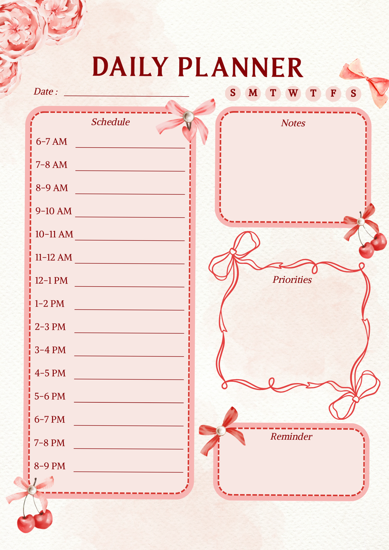 🥂 🌸 secret to staying productive: Elegant Red Daily Planner Printable | Aesthetic Schedule Template