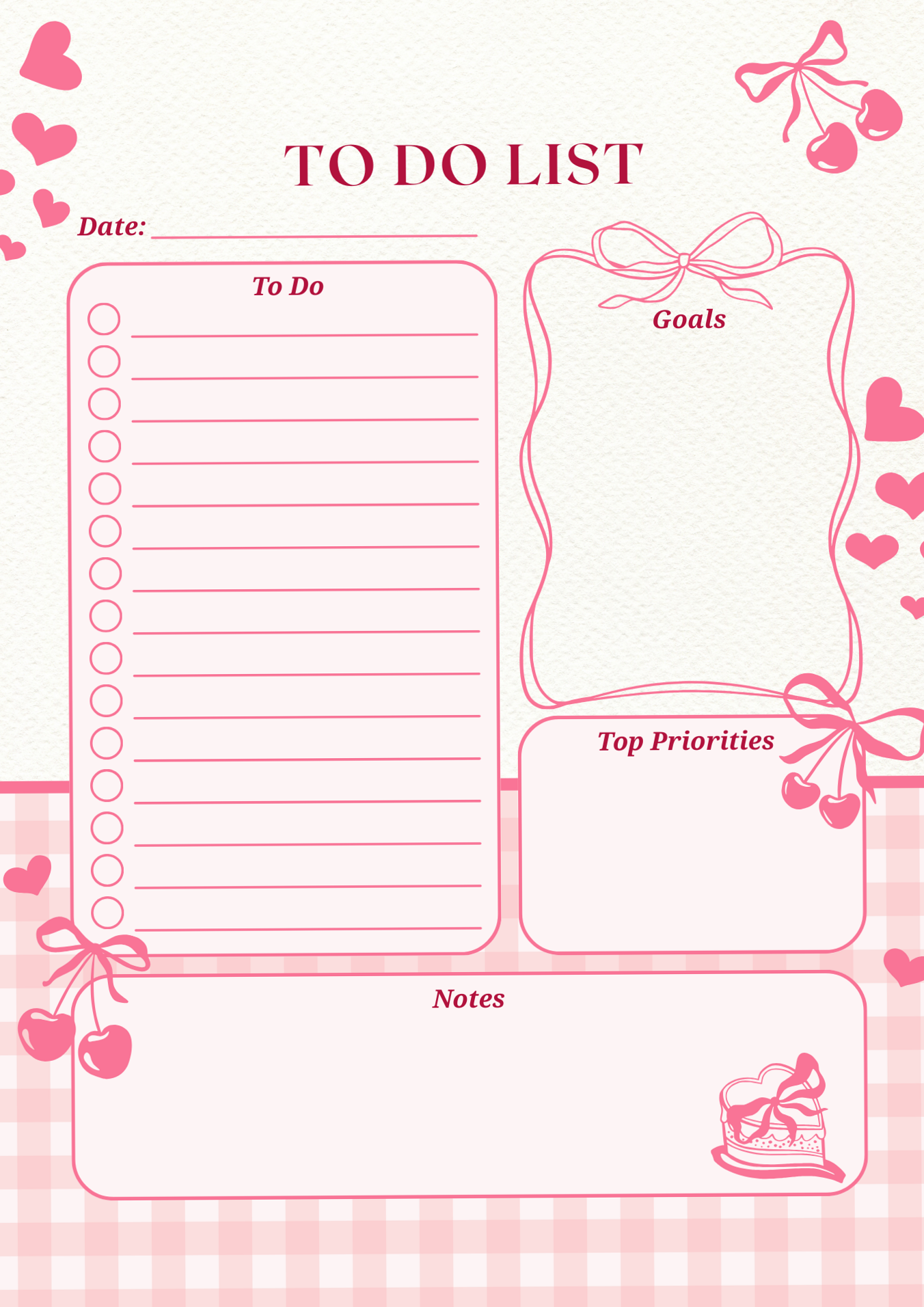 🍰 👰 secret to staying productive: Cute Pink To Do List Printable | Goals & Priorities Planner Page