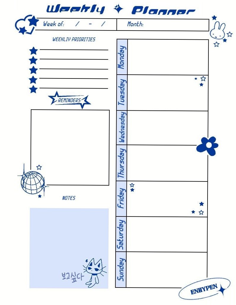 🌸 💍 stay inspired all year long: Blue Enhypen Y2K Weekly Planner Design