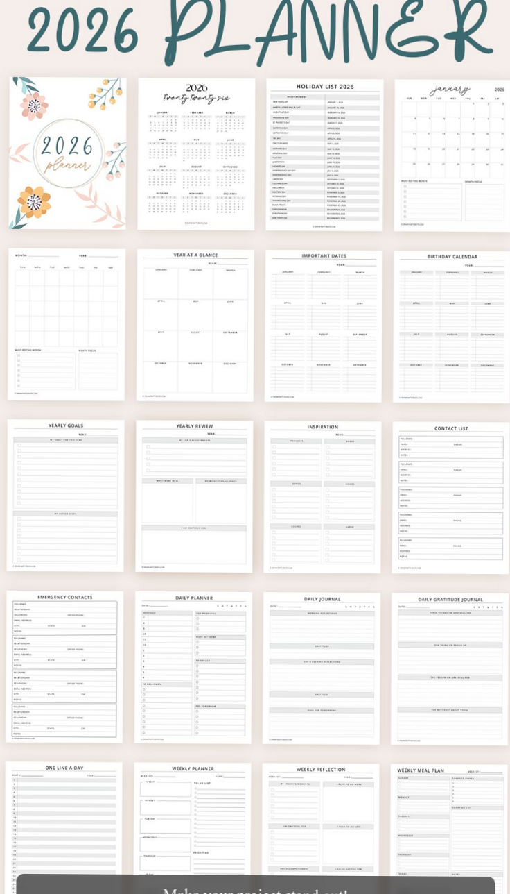 ☁️ 🎀 stay inspired all year long: 2026 Free Planner Printable — 47 Pages for Organization & Planning