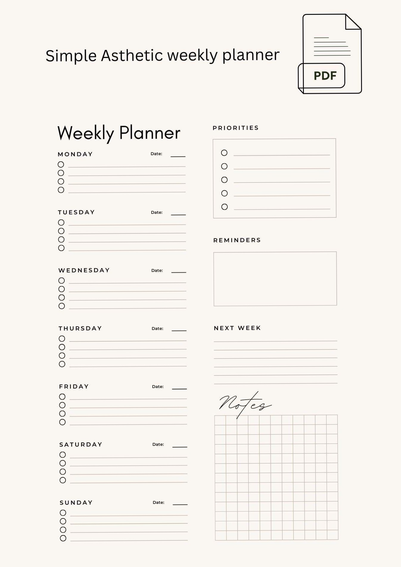 📁 📁 stay inspired all year long: Simple Weekly Planner with Priorities & Notes
