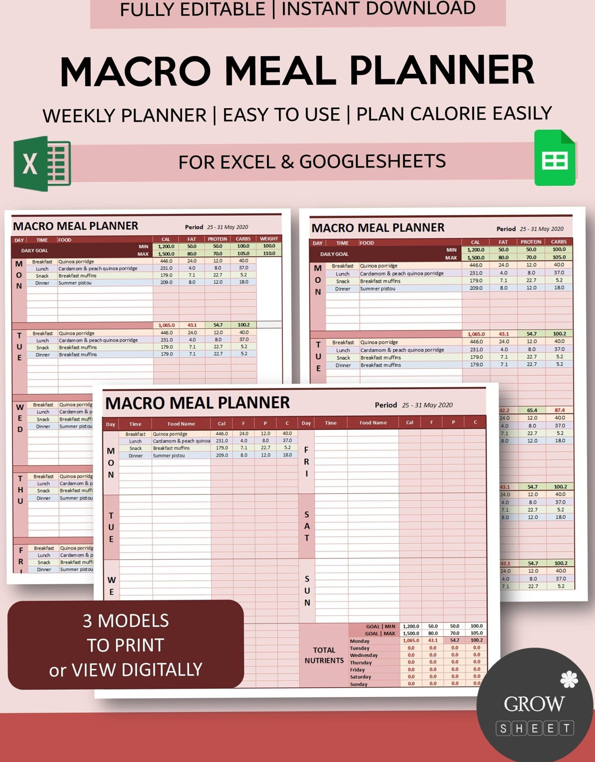 🥂 🌸 stay inspired all year long: Weekly Macro Meal Planner Templates for Excel & Google Sheets