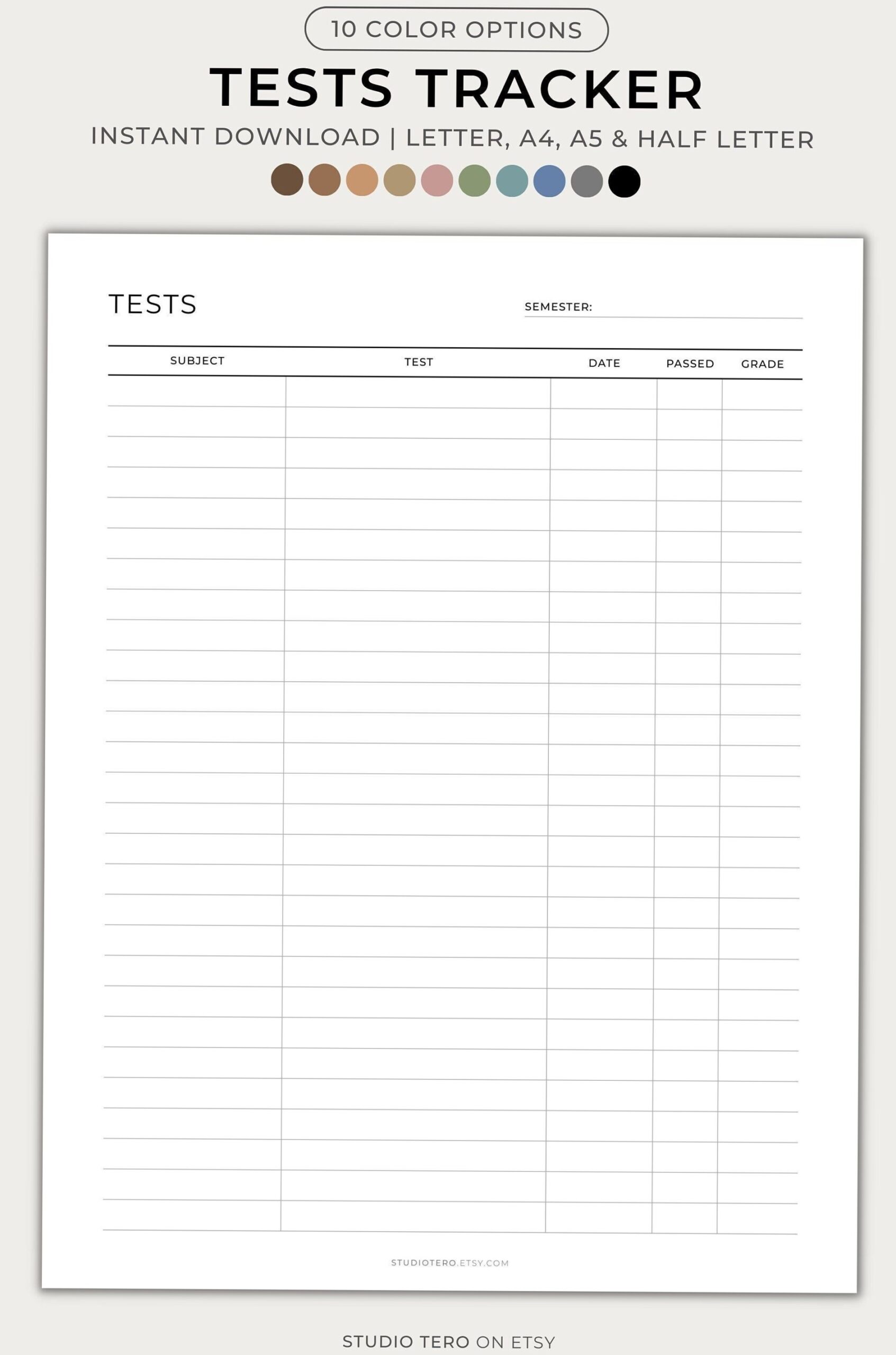 💎 🎨 Tests Tracker | Minimal Printable Study Planner & Exam Spreadsheet | ultimate printable checklist