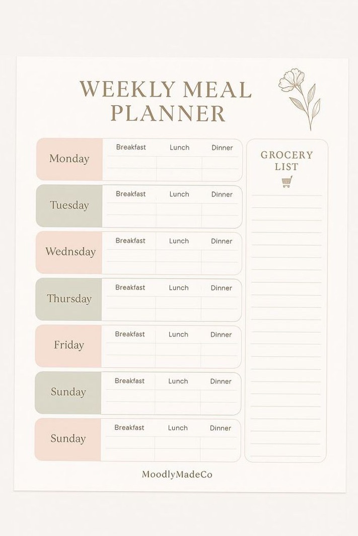🌸 🌸 Weekly Meal Planner + Grocery List | Printable PDF for Busy Moms & Meal Preppers | secret to staying productive