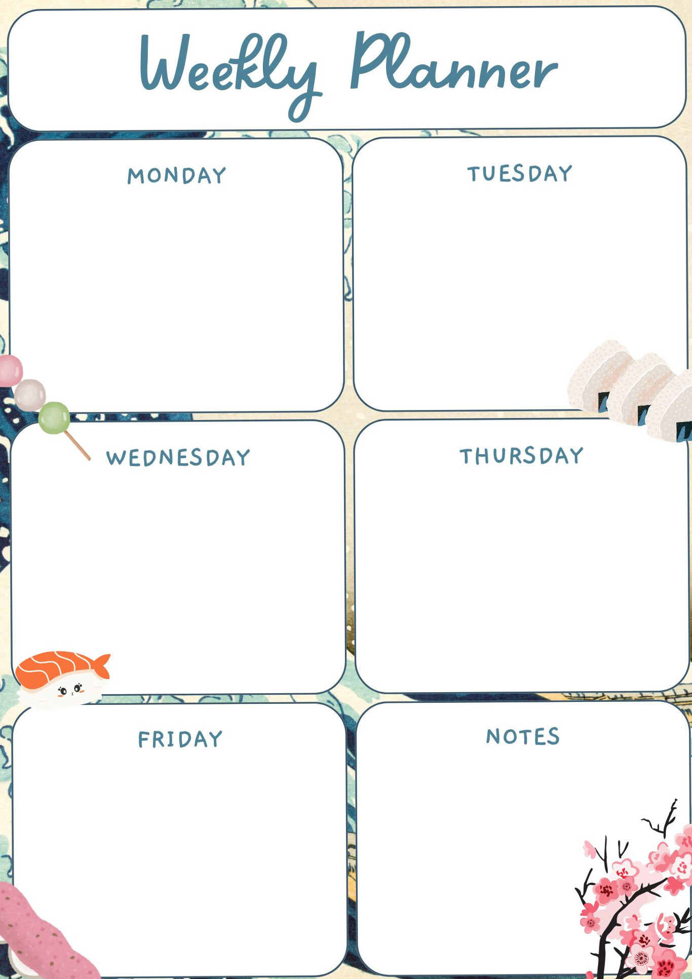 Weekly Planner | Japanese Aesthetic | Sushi & Sakura Organizer — 🎀 🤍 dream life manifestation