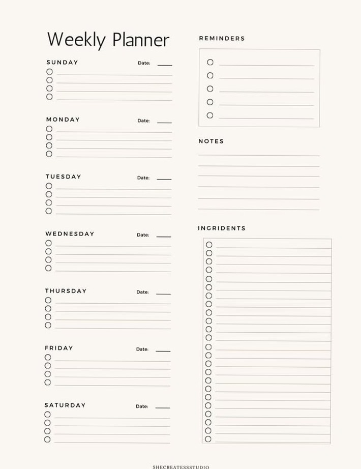 Weekly Planner Template — Printable with Reminders, Notes, & Ingredients Sections | Instant Download — ✨ 🤍 secret to staying productive