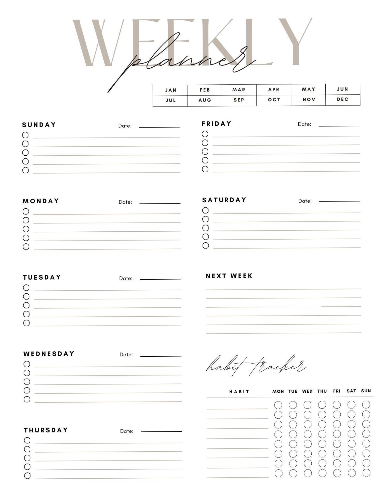 Weekly Planner with Habit Tracker & Checklist Templates — 💌 🥂 no-stress tracker