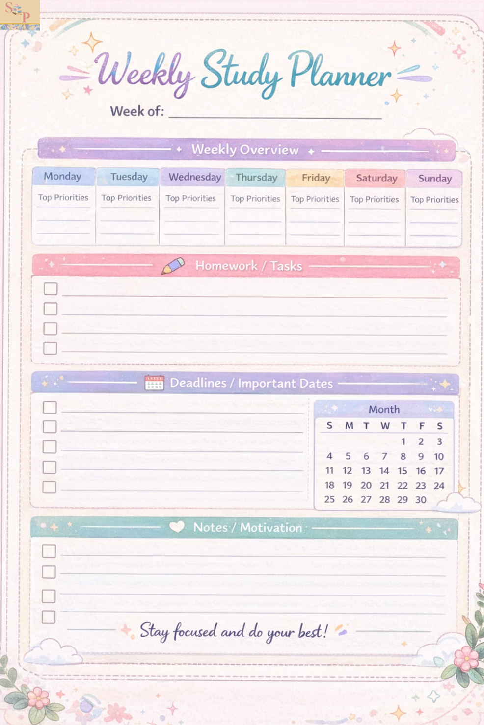 🥂 💌 Weekly Study Planner for Students (Printable) | stay inspired all year long