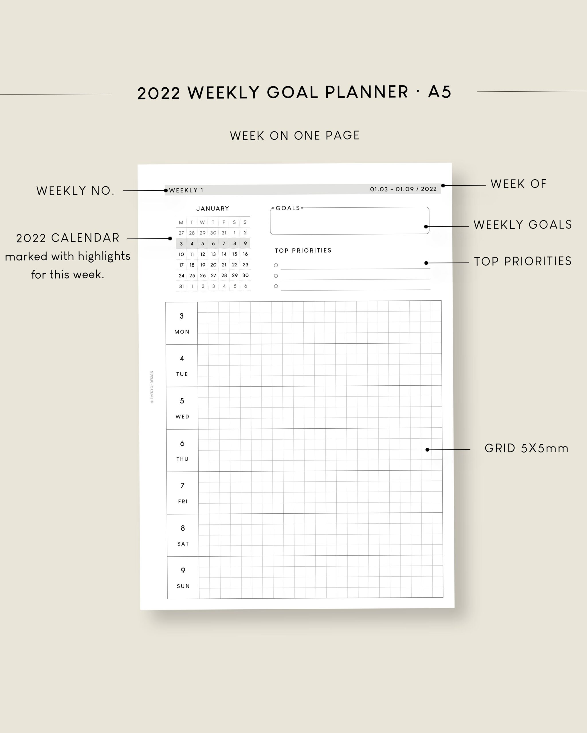 🖌️ 🌈 2022 Digital Weekly Planner | Dated A5 Printable Inserts | dream life manifestation