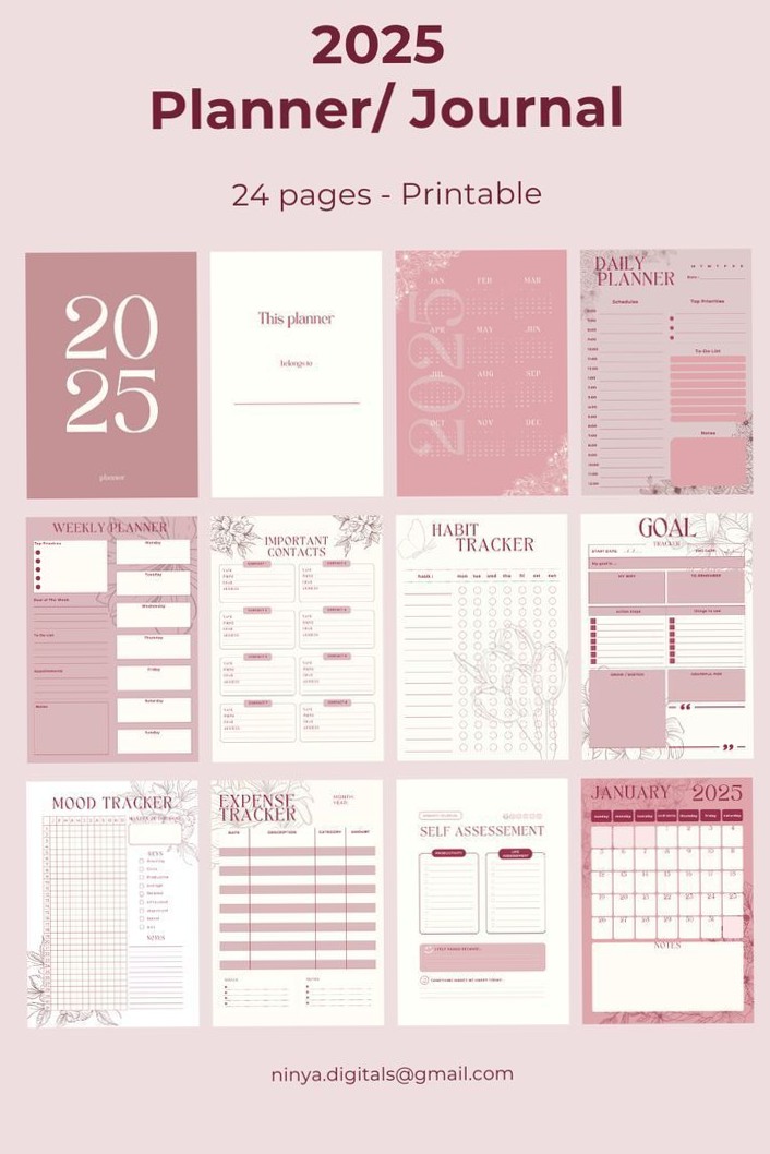 📊 📅 2025 Pink Flower Planner — Printable Organizer & Journal | ultimate printable checklist