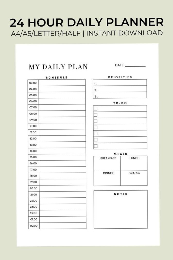 🌿 🕯️ 24-Hour Daily Planner — Military Time Blocking Template for Work From Home (A5) | stay inspired all year long