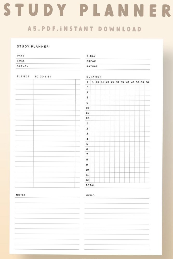 A5 Study Planner PDF — Instant Download for Exam Success — ☁️ 🌿 romanticize your routine