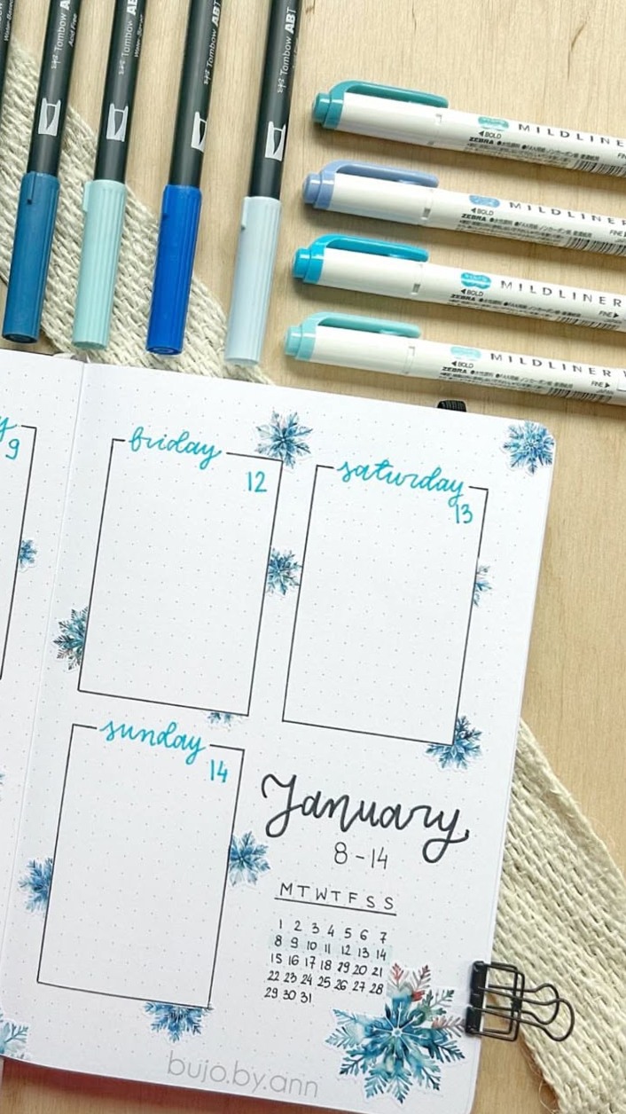 Bullet Journal January Weekly Page — Snowflakes Theme — 📍 📍 secret to staying productive