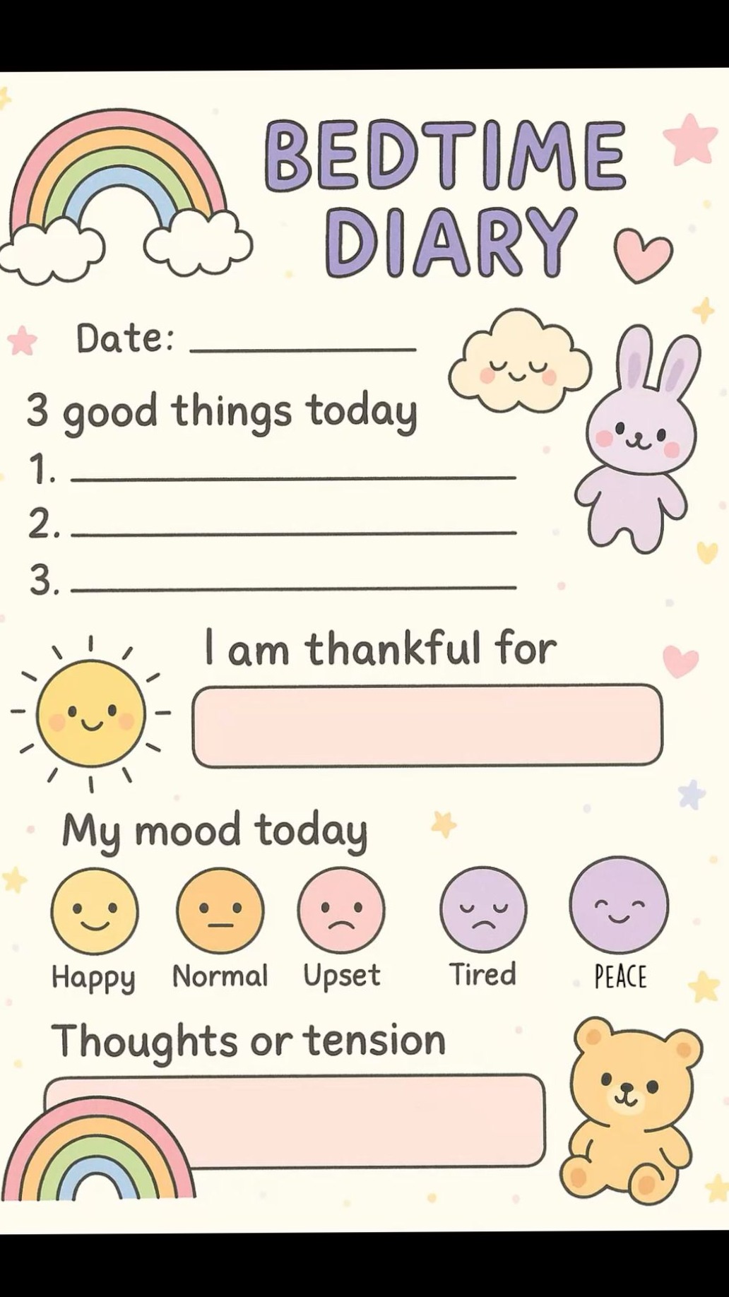 Cute Bedtime Diary Template for Self Care & Journaling — 🤍 ☁️ stay inspired all year long