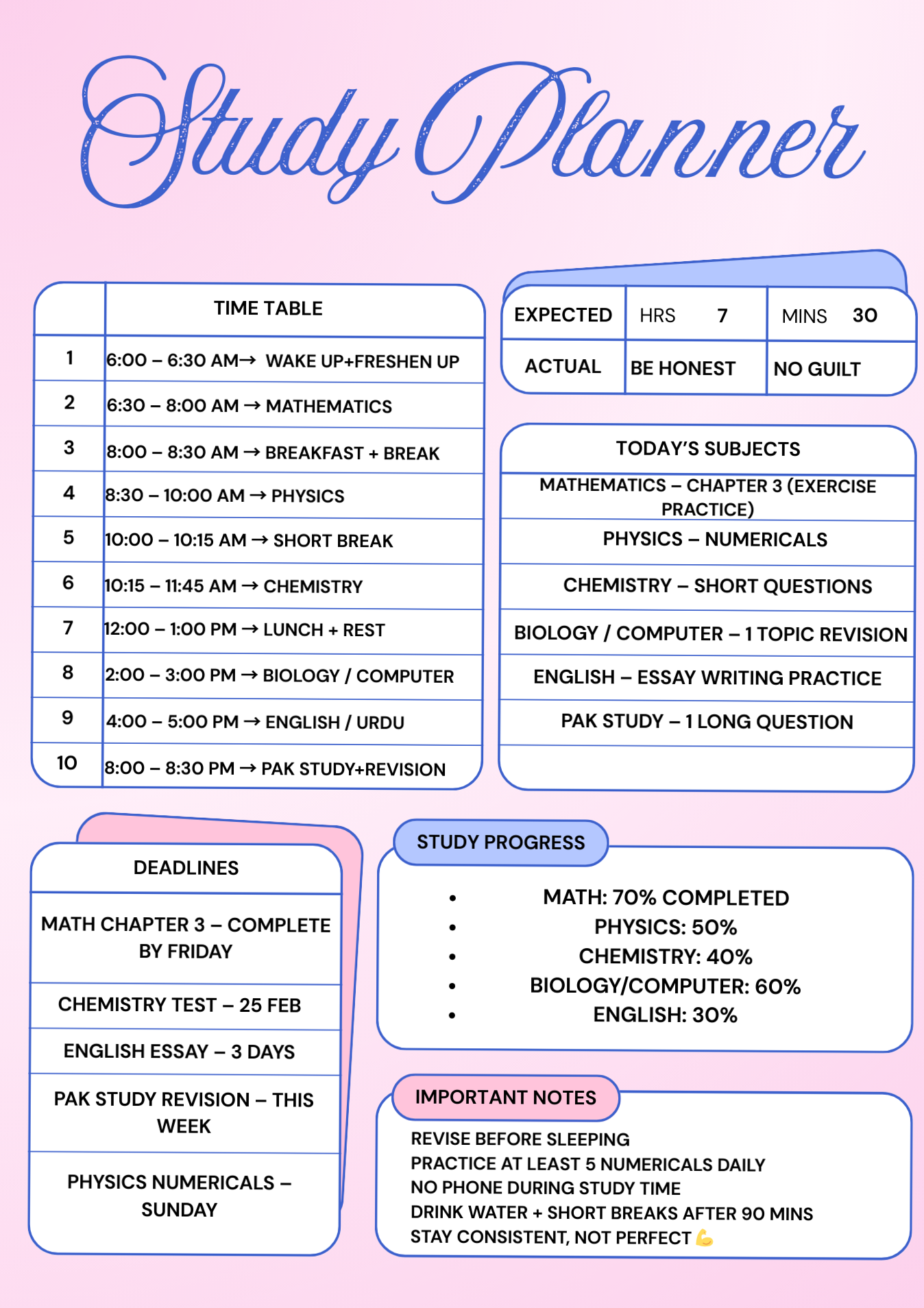 Daily Study Planner for Board Exams — 🎀 ✨ romanticize your routine