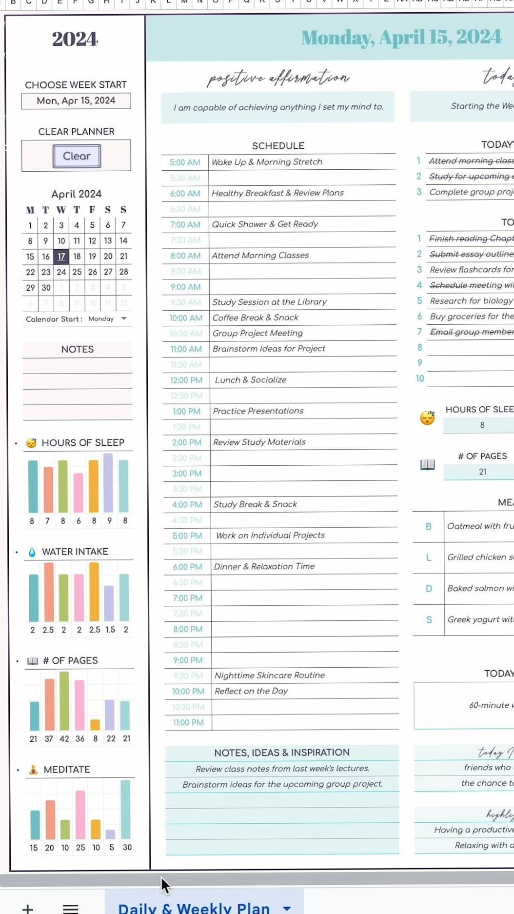 👰 💍 Daily & Weekly Planner — Clear Button — Google Sheets Template | romanticize your routine