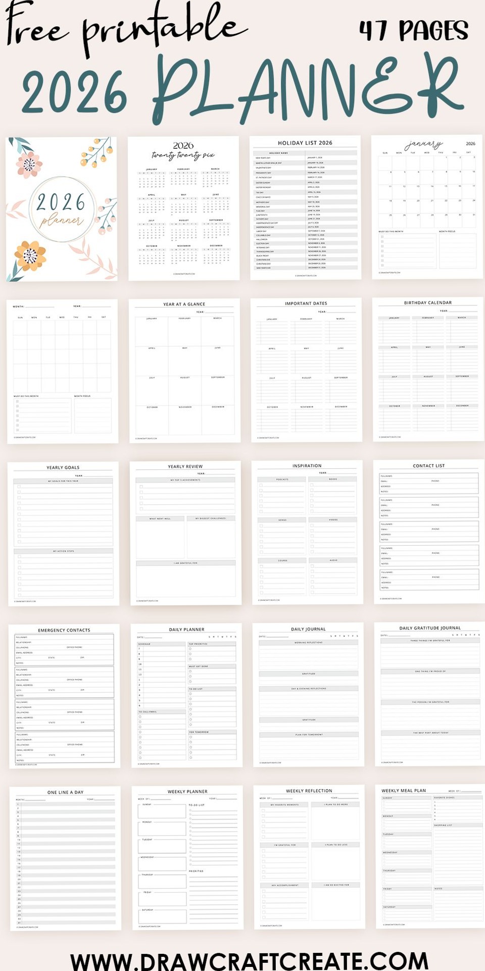 📁 📊 dream life manifestation: 2026 Planner Printable – 47 Beautiful Pages