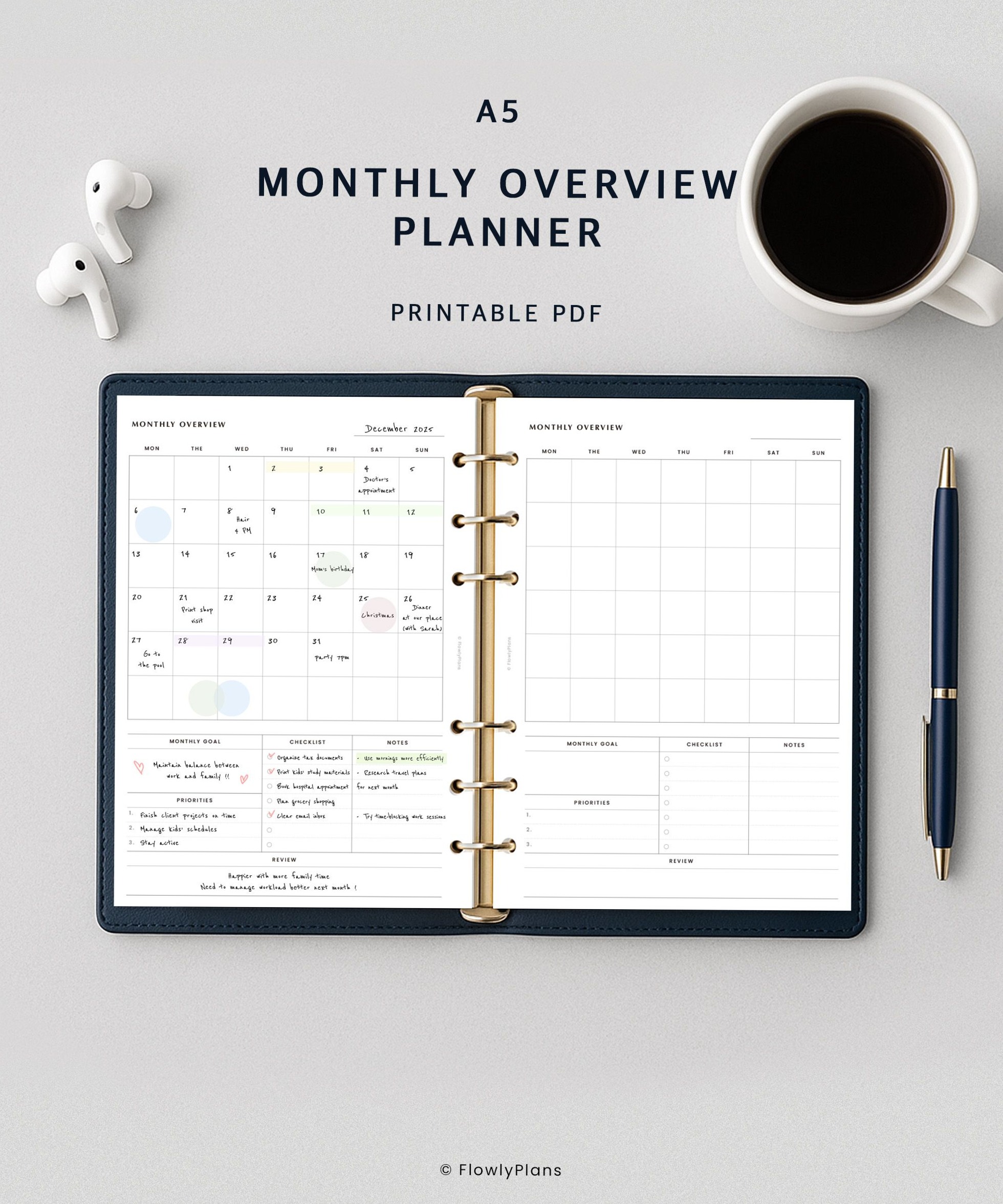 📅 📁 dream life manifestation: Monthly Overview A5 Planner Inserts | MO1P Layout 2page | Printable Monthly Planner
