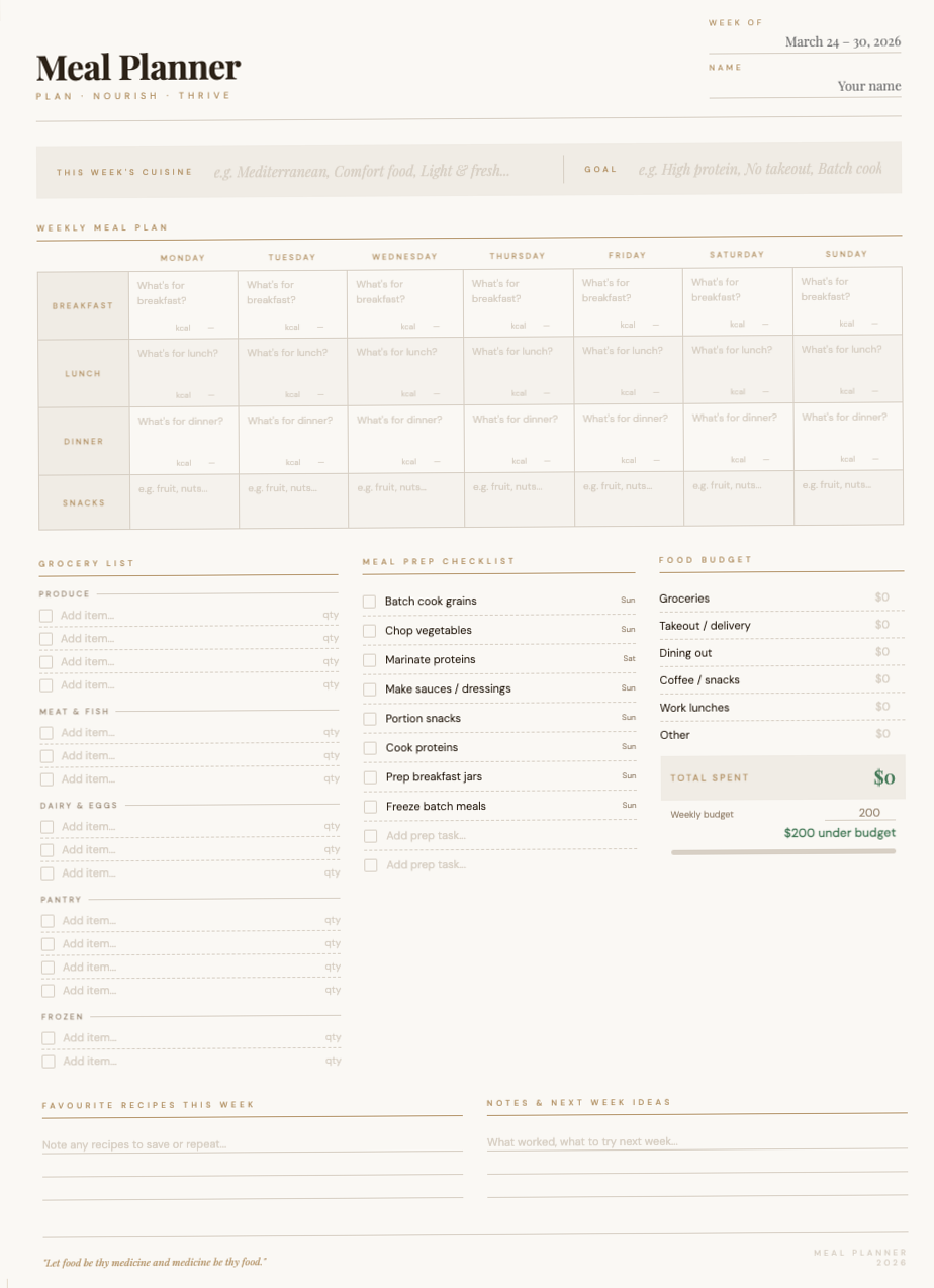 🖇️ 📁 dream life manifestation: Weekly Meal Planner | 4 Color Themes & Grocery List PDF