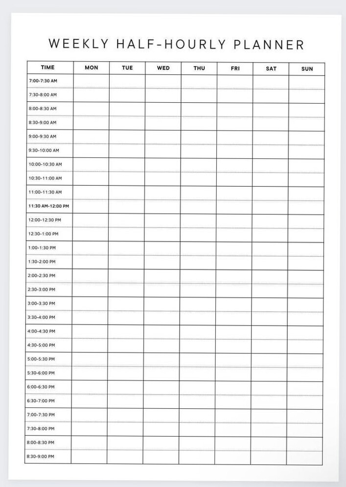 🍰 💌 dream life manifestation: Weekly Half-Hour Planner | Time Blocking & Hourly Schedule Printable
