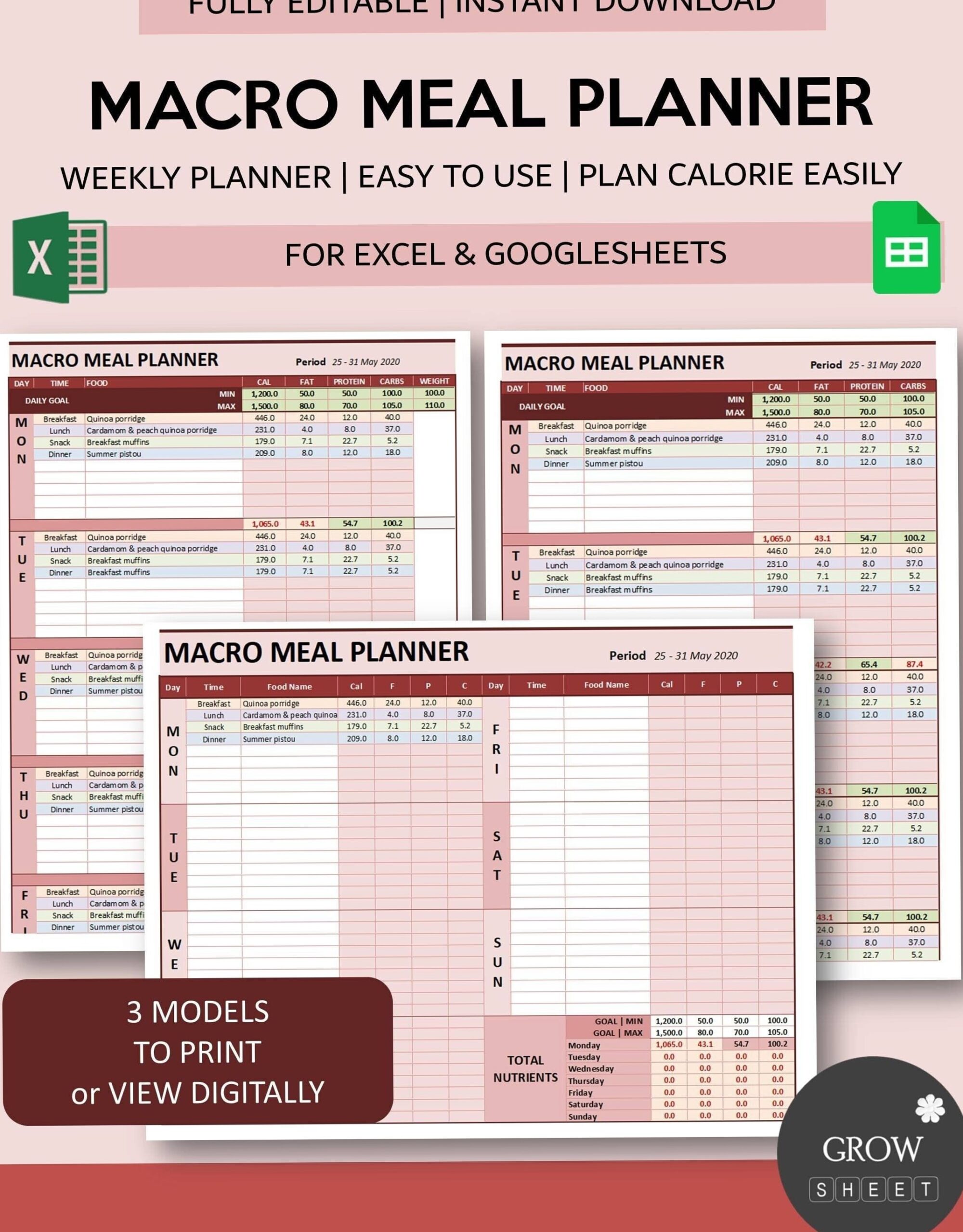 ✨ 🎀 dream life manifestation: Weekly Macro Meal Planner for Excel & Sheets