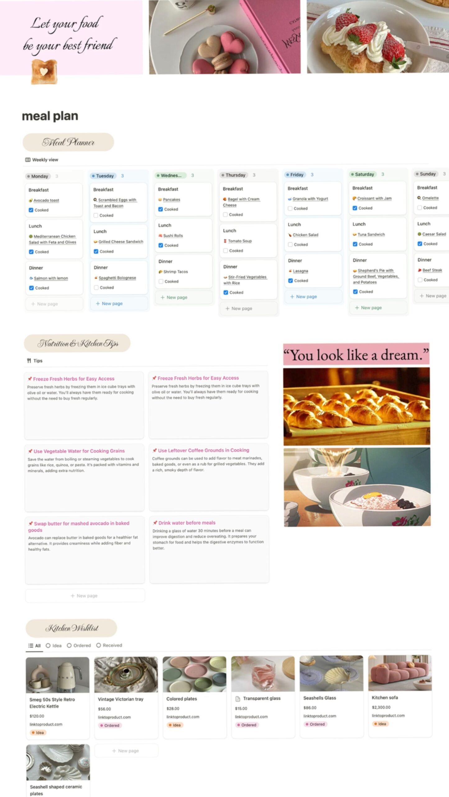 Elegant Meal Planning & Food Journal Template — ☁️ ✨ secret to staying productive