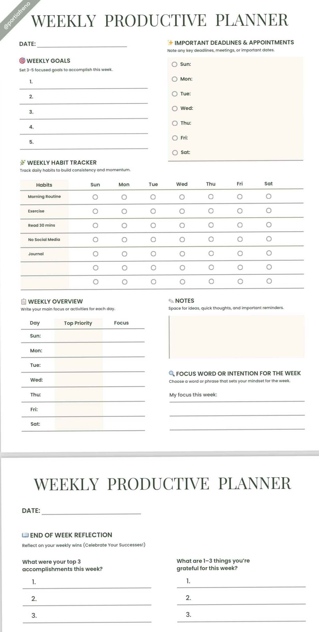 Elegant Weekly Planner with Mood Habit Tracker | Minimalist PDF — ✨ 🕯️ essential planning guide