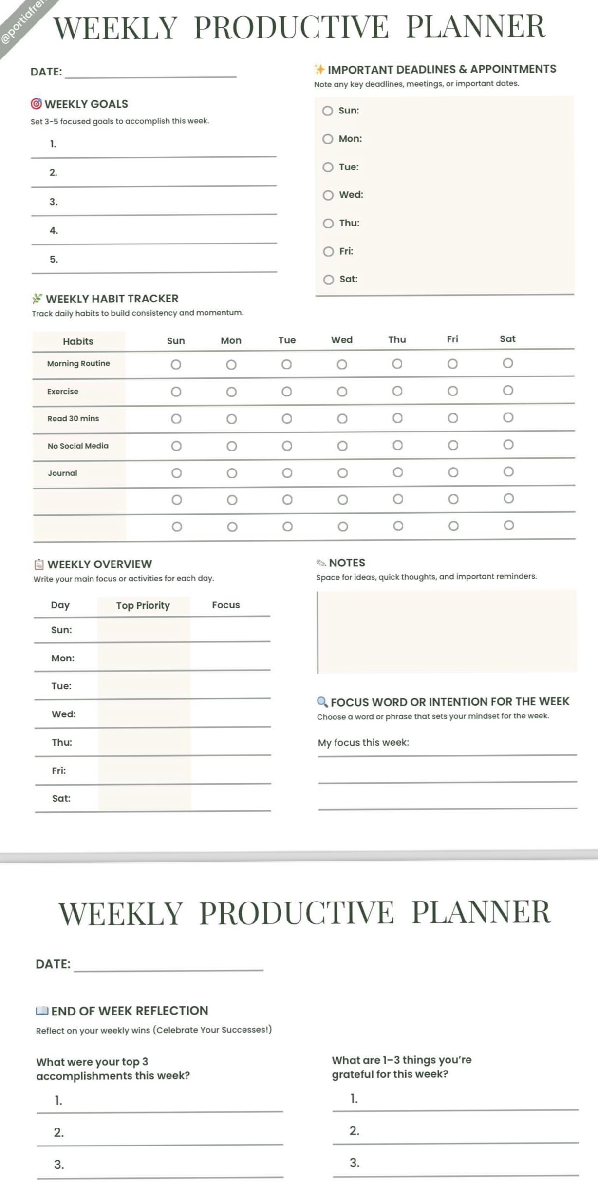 📝 📁 Eleganter Wochenplaner mit Stimmungs- & Reflektions-Tracker – 287 Tage | no-stress tracker