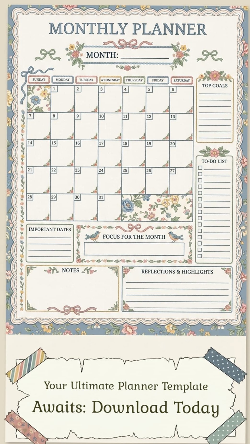 Floral Elegance Monthly Planner Templates — 💌 🥂 stay inspired all year long