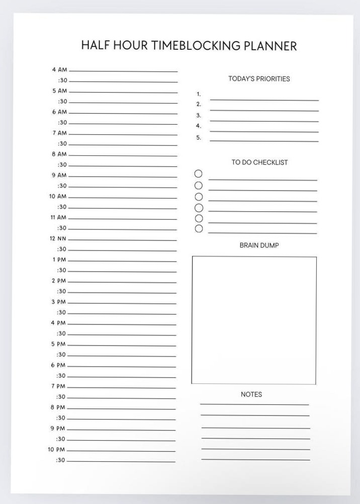 🥂 🍰 Half-Hour Time Blocking Planner: Daily PDF Template | stay inspired all year long