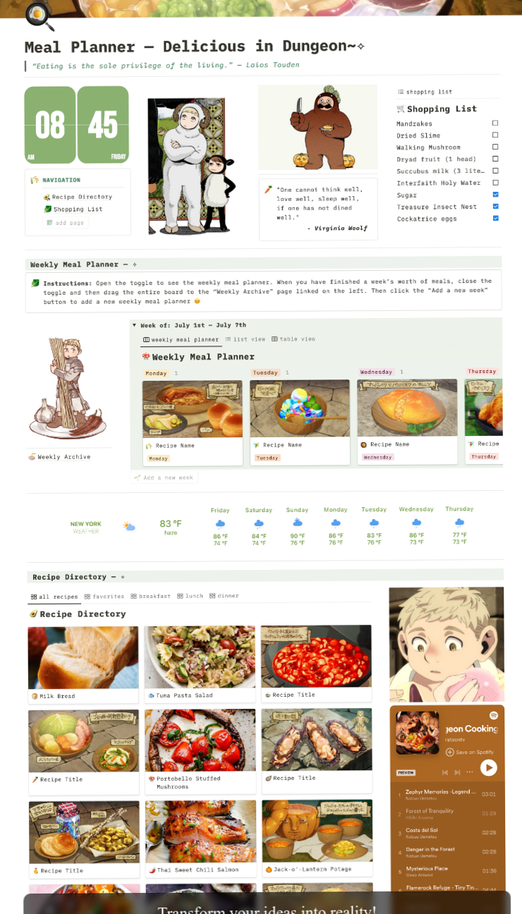 Meal Planner Notion Template with Dungeon Meshi Recipes & Recipe Cards — 🌈 🌈 game-changing digital system