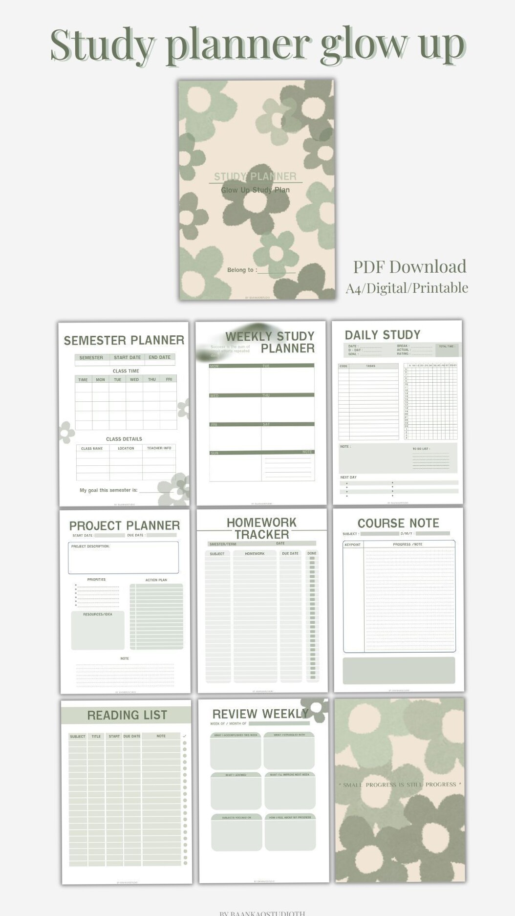 ☁️ 🕯️ Minimalist Matcha Study Planner PDF for College & Notes | romanticize your routine