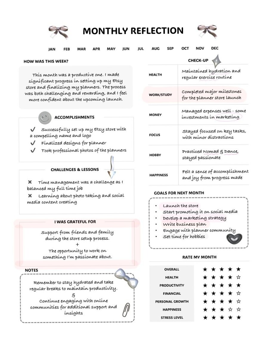 Monthly Reflection Planner | Digital Printable | Y2K Minimalist Goal Setting — 📁 📌 secret to staying productive