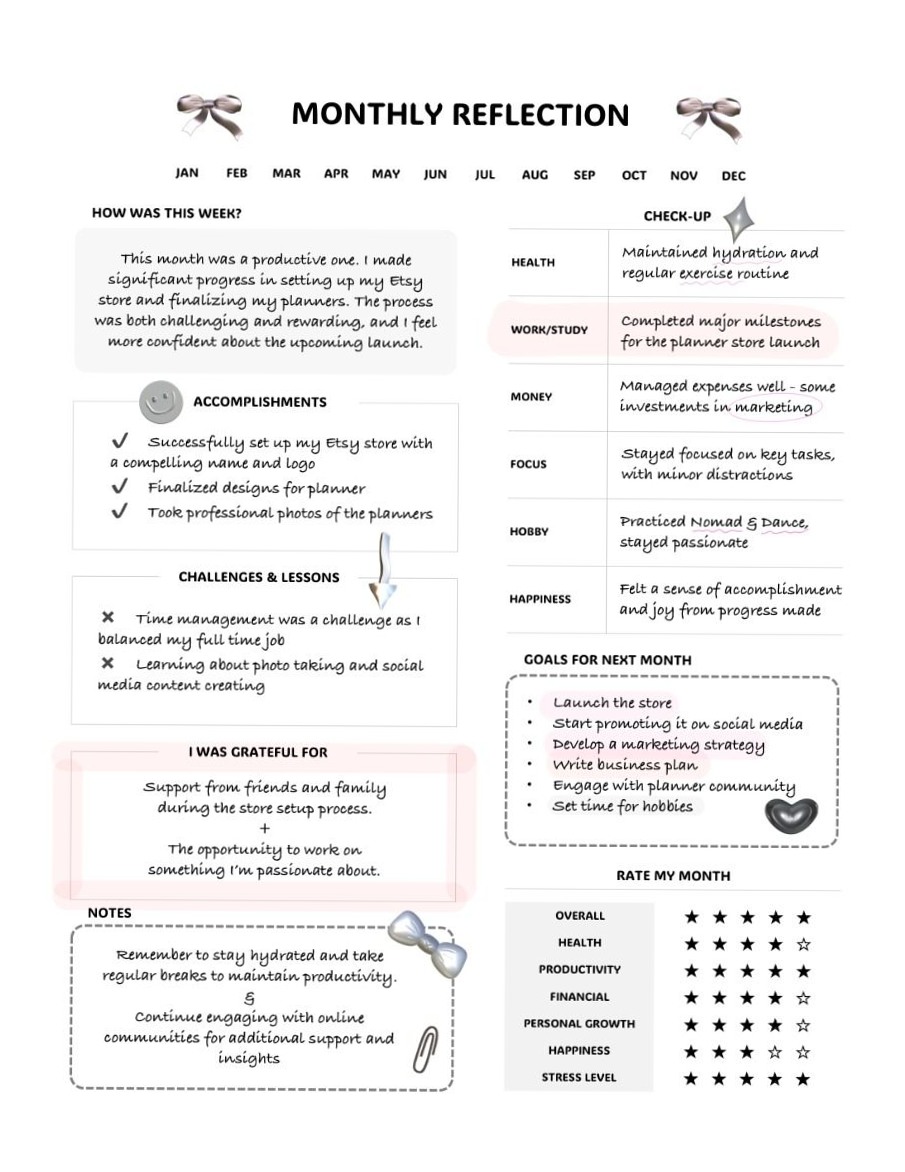 🖇️ 🖇️ Monthly Reflection Planner | Y2K Minimalist Goal Setting | dream life manifestation