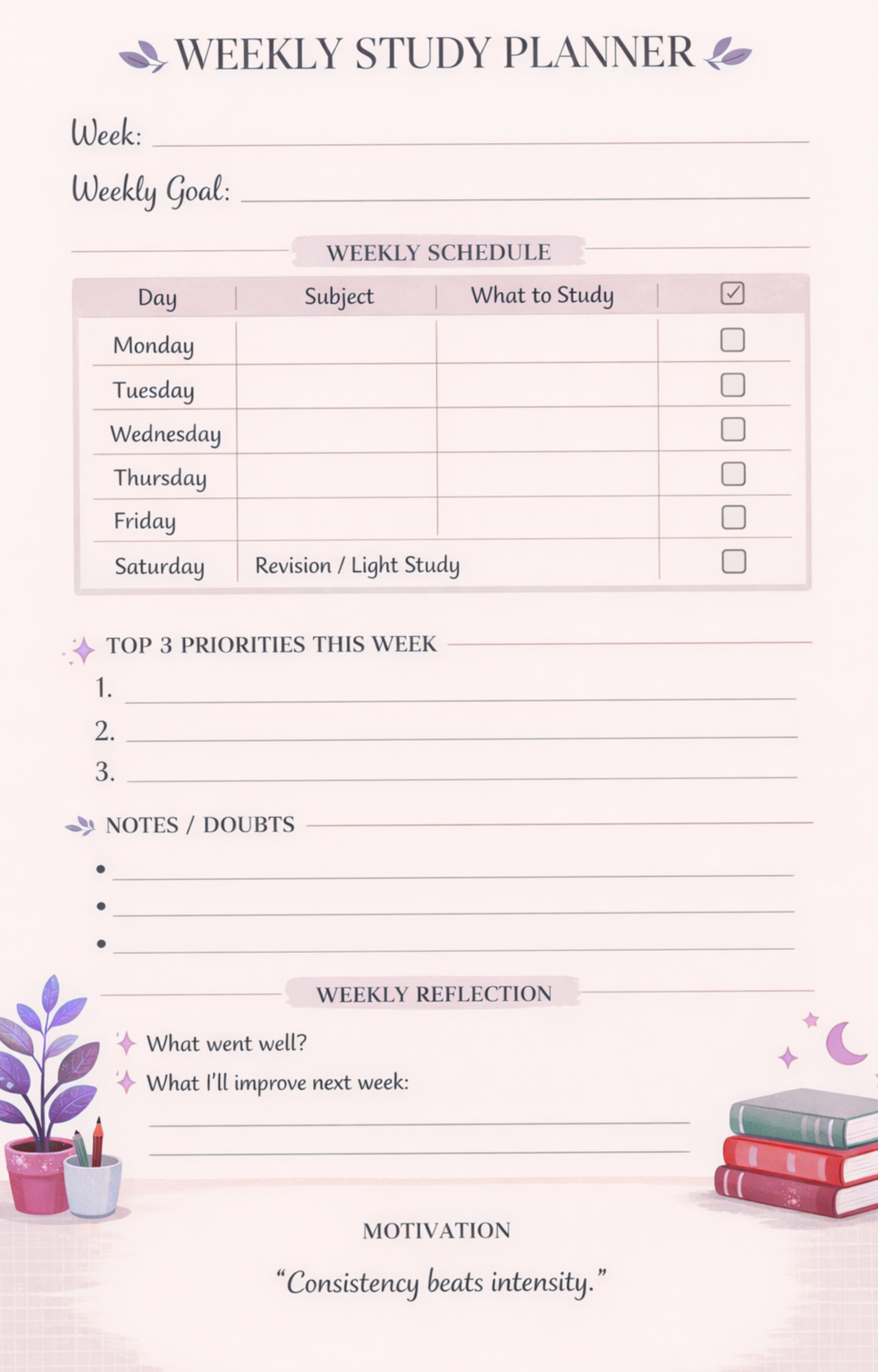 💍 🍰 no-stress tracker: Weekly Study Planner | Aesthetic Schedule & Goal Tracker