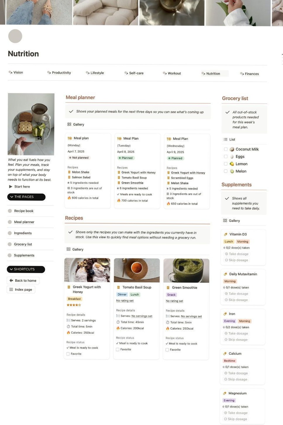 Notion Nutrition Tracker for Meals, Water & Daily Stats — 🌿 🤍 essential planning guide