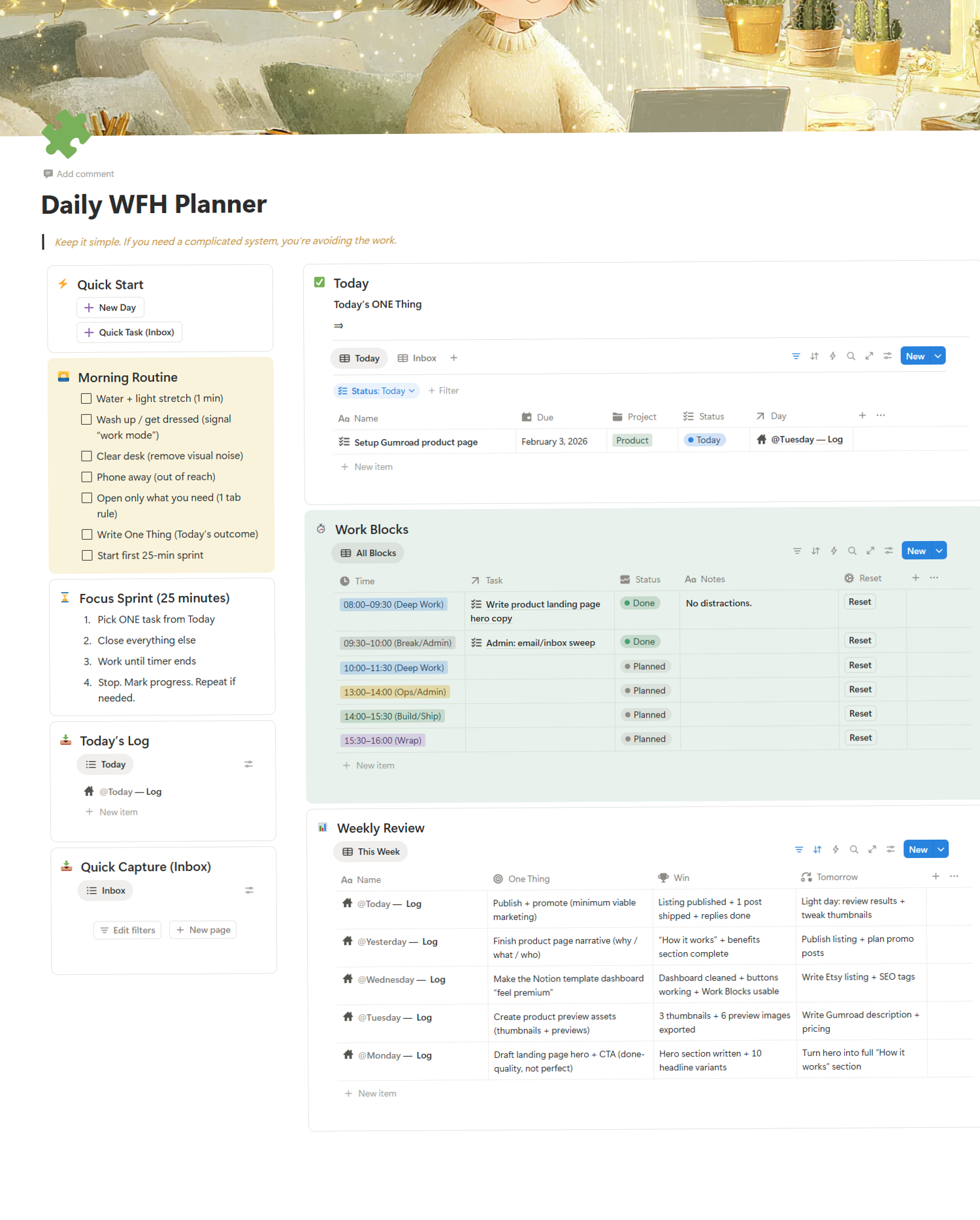 📁 📌 pro digital dashboard: Daily WFH Planner Notion Template for Creative Productivity