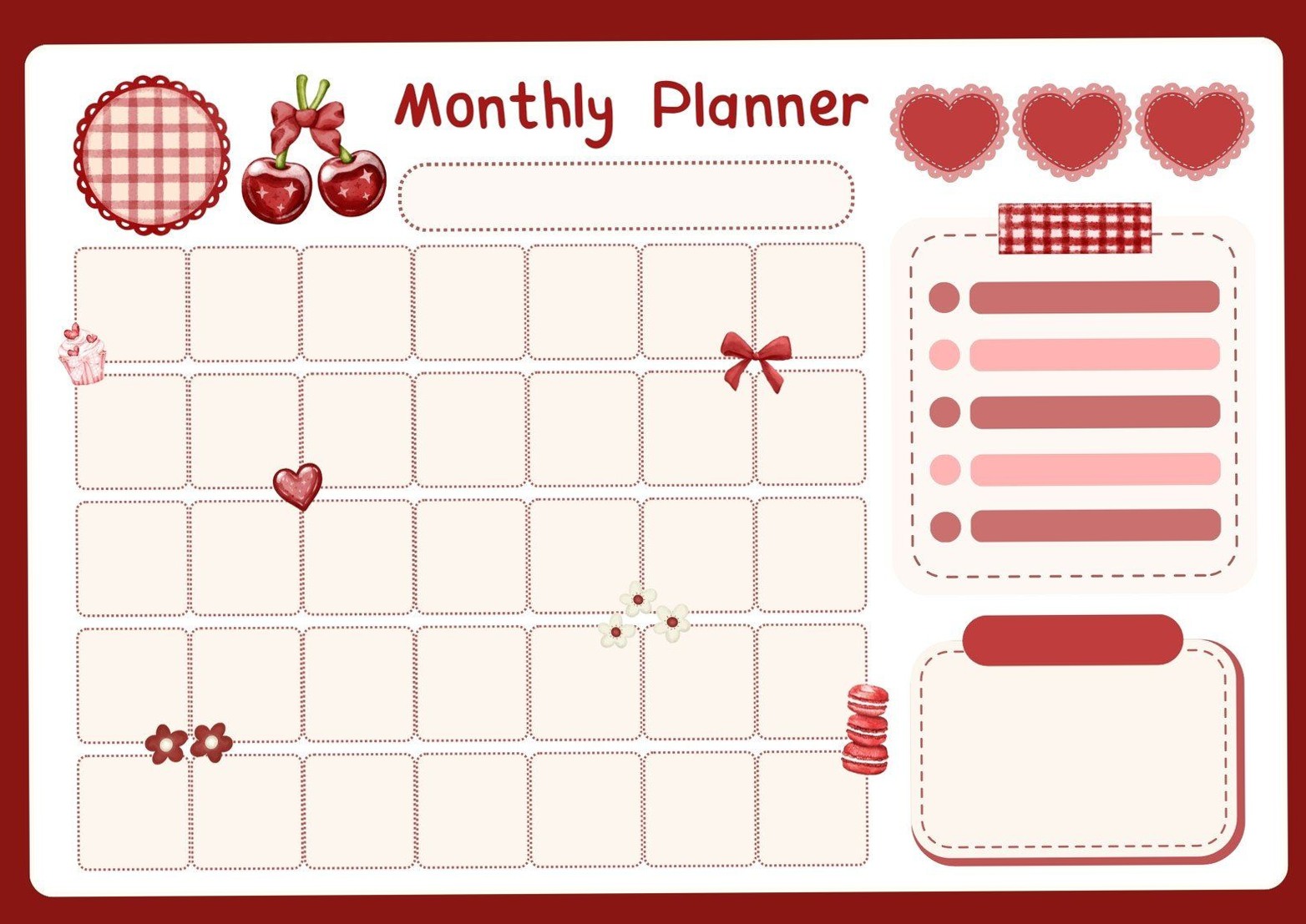 ☁️ 🤍 Red Cherry Coquette Monthly Planner Templates | dream life manifestation