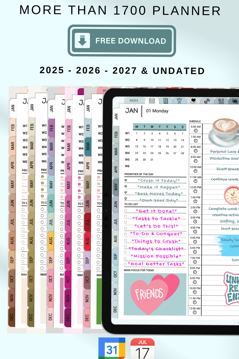 🎀 🌿 romanticize your routine: 2025–2027 Digital Planner | Boho Pink Rose & Rainbow Design for GoodNotes